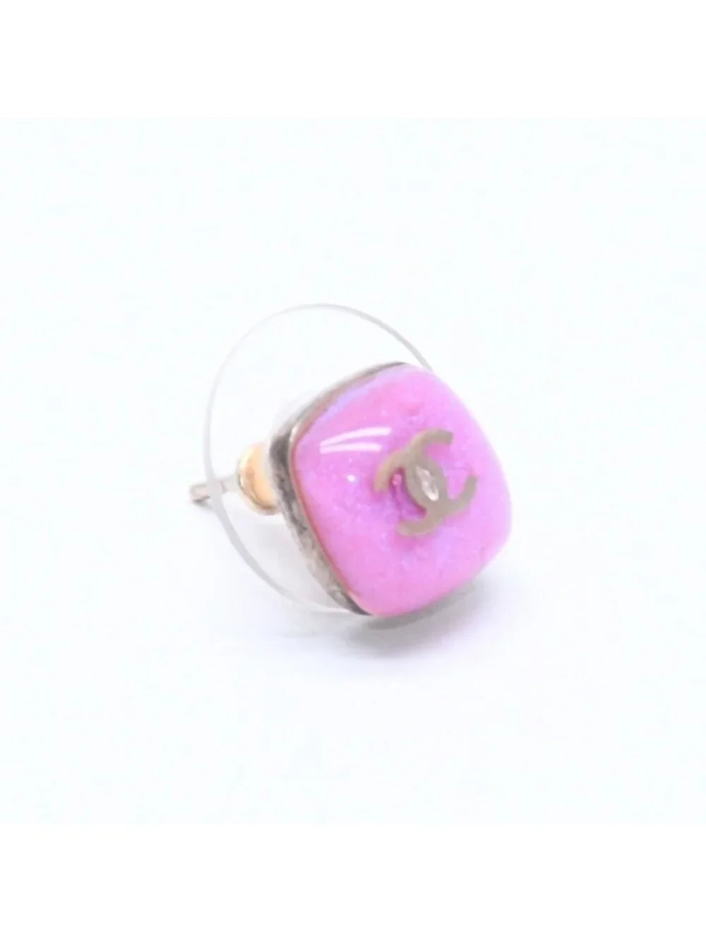 Chanel Earrings CC Logo Button Purple Glitter Silver Metal Resin